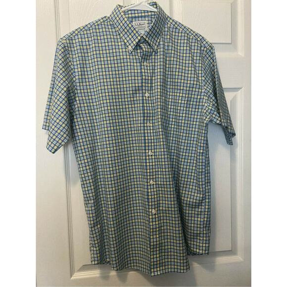LL Bean Men's L Yellow Blue Plaid Short Sleeve Shirt - Picture 1 of 5